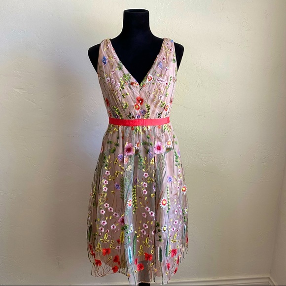 Adrianna Papell Floral V Neck Fit and Flare floral embroidered dress - Picture 3 of 15